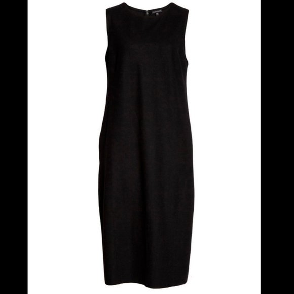 EILEEN FISHER BLACK SLEEVELESS BOILED WOOL LANTERN MIDI DRESS - Picture 8 of 8